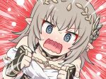  1girl @_@ bare_shoulders blue_eyes blush choker clenched_hands dress earrings girls_und_panzer grey_hair hair_ornament itsumi_erika jewelry looking_at_viewer niwa_so_ji open_mouth pointy_ears princess_connect! red_background single_earring solo sweatdrop white_dress wristband 