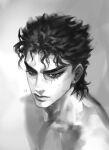  1boy absurdres birthmark collarbone earrings eyelashes greyscale highres jewelry joestar_birthmark jojo_no_kimyou_na_bouken kujo_jotaro male_focus missing_headwear monochrome oraora_11 signature solo stardust_crusaders stud_earrings sweat topless_male 