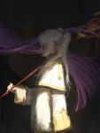  0mou_art 2girls absurdres artist_name black_robe capelet closed_mouth commentary earrings elf fern_(sousou_no_frieren) frieren from_side green_eyes highres holding holding_staff jewelry long_hair long_sleeves mage_staff multiple_girls pointy_ears purple_hair robe simple_background sousou_no_frieren staff teardrop_earrings twintails walking white_capelet white_hair white_robe 