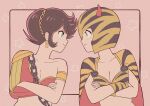  2girls animal_print armlet armor asymmetrical_armor benten_(urusei_yatsura) bikini_armor black_hair breasts cape chain cleavage commentary_request crossed_arms earrings fake_horns green_eyes helmet highres horned_helmet horns jewelry looking_at_another lum medium_breasts multiple_girls nka_46 orange_eyes pink_background print_cape print_helmet profile red_armor red_cape rivalry short_hair shoulder_armor star_(symbol) tiger_print turning_head two-sided_cape two-sided_fabric upper_body urusei_yatsura 