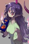  1girl breasts commentary drink_carton drinking_straw expressionless gradient_background green_shirt hair_between_eyes hands_up highres holding holding_drink_carton holding_juice_box horns juice juice_box long_hair medium_breasts messy_hair pointing pointing_at_viewer pointy_ears purple_hair red_eyes shirt single_horn solo syope t-shirt tail tenkajin_chiyari tomato_juice touhou upper_body 