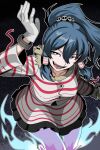  1girl absurdres arm_up blue_eyes blue_hair breasts bright_pupils commentary cuffs ghost_tail gloves hair_between_eyes hair_tubes handcuffs handcuffs_around_neck highres holding holding_handcuffs kinoshii-shroom long_hair long_sleeves looking_at_viewer medium_breasts mixed-language_commentary miyadeguchi_mizuchi parted_lips ponytail sharp_teeth shirt skirt smile solo striped_clothes striped_shirt striped_skirt teeth touhou two-tone_shirt two-tone_skirt white_gloves white_pupils white_shirt white_skirt 