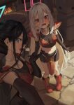  2girls absurdly_long_hair absurdres alternate_costume aris_(blue_archive) armor bikini_armor black_gloves black_hair black_shorts black_tank_top blue_archive blue_eyes blue_halo blush boots breasts choker commentary_request crop_top dragon_quest dragon_quest_iii elbow_gloves gloves hair_between_eyes halo highres kei_(blue_archive) kei_(new_body)_(blue_archive) leviathan_(hikinito0902) long_hair looking_at_another multiple_girls open_mouth pink_halo ponytail red_boots red_eyes short_shorts shorts small_breasts tank_top very_long_hair warrior_(dq3) white_choker white_hair 