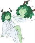  1girl adventure_time alternate_costume antlers arm_support barefoot bathrobe breasts closed_mouth colored_sclera colored_skin frown green_eyes green_hair green_sclera green_skin hair_branch highres horns huntress_wizard invisible_chair leaf long_sleeves looking_at_viewer open_mouth plant_hair robe simple_background sitting sunny_meel white_background white_robe 