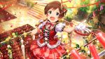  1girl :d bow bowtie brown_hair card_commentary commentary_request concert game_asset gloves green_eyes hairband holding holding_microphone idol idolmaster idolmaster_million_live! idolmaster_million_live!_theater_days kinoshita_hinata microphone official_alternate_costume official_art open_mouth polka_dot polka_dot_bow polka_dot_bowtie puffy_short_sleeves puffy_sleeves red_bow red_bowtie red_hairband red_skirt short_hair short_sleeves skirt skirt_set smile solo stage standing third-party_source tree white_gloves 