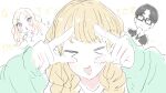  >_< 1boy 2girls absurdres black-framed_eyewear black_hair blonde_hair blush braid commentary_request fujita_kotone gakuen_idolmaster glasses hand_on_own_chin highres idolmaster juo_sena kasasagi_(futagodori888) looking_at_another multicolored_hair multiple_girls pink_streaks producer_(idolmaster) sketch smile streaked_hair stroking_own_chin translation_request twin_braids 