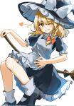  1girl apron black_dress black_shoes blonde_hair blush bow braid broom broom_riding commentary_request corrupted_twitter_file dress embodiment_of_scarlet_devil frilled_dress frills grin hair_bow hat hat_bow heart highres kirisame_marisa marisa_day mary_janes one_eye_closed puffy_short_sleeves puffy_sleeves red_bow shoes short_sleeves side_braid simple_background single_braid smile socks temmie_(temi_maru) touhou white_apron white_background white_bow white_socks wink_heart witch_hat yellow_eyes 