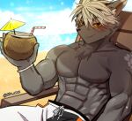  2019 abs anthro athletic athletic_anthro athletic_male beach beach_chair biceps black_nose bottomwear brown_body brown_fur canid canine canis clothed clothing domestic_dog facial_scar fur hair hi_res male mammal nipples pecs red_eyes sand scar sea seaside shorts signature sitting ssu ssu_open tadatomo tokyo_afterschool_summoners topless video_games water white_hair yellow_sclera 