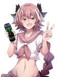  1boy :d absurdres astolfo_(fate) astolfo_monster_cosplay_(meme) black_bow blush bow braid braided_ponytail can collarbone commentary energy_drink english_commentary eyebrows_visible_through_hair fang fate/apocrypha fate/grand_order fate_(series) groin hair_between_eyes hair_bow hair_intakes hair_ornament hair_ribbon half-closed_eyes highres hinghoi holding holding_can long_braid long_hair looking_at_viewer male_focus meme merryweather midriff monster_energy multicolored_hair navel open_mouth otoko_no_ko pink_hair pink_neckwear pink_sailor_collar pink_skirt purple_eyes ribbon sailor_collar school_uniform serafuku shirt short_sleeves simple_background single_braid skin_fang skirt smile solo streaked_hair symbol_commentary upper_body v very_long_hair white_background white_shirt 