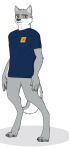  2021 anthro biped black_nose blue_clothing blue_eyes blue_t-shirt bottomless canid canine canis clothed clothing digital_drawing_(artwork) digital_media_(artwork) eyebrows front_view full-length_portrait fur grey_body grey_eyebrows grey_fur inner_ear_fluff looking_at_viewer male mammal mascot obuda_university portrait shirt simple_background smile solo standing topwear tuft unknown_artist white_background wolf 