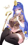  1girl absurdres black_thighhighs blue_eyes blue_hair blue_nails breasts brown_shirt brown_shorts closed_mouth commentary_request crop_top earrings english_text facial_mark gold_headdress hair_ornament highres holding holding_scepter jewelry key_earrings large_breasts long_hair looking_at_viewer michigami_nareko midriff navel one_eye_closed raptor7 scepter shirt short_sleeves shorts simple_background smile solo sphere_hair_ornament thighhighs touhou triangle triangle_facial_mark usekh_collar very_long_hair white_background 