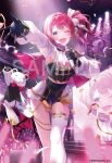  1girl :d ;d alicecoco black_gloves blue_eyes blurry commentary_request company_name concert confetti copyright_notice depth_of_field detached_sleeves gloves glowstick gold_trim holding holding_microphone idol_clothes kuramochi_meruto microphone nijisanji nijisanji_idol_uniform official_alternate_costume official_art one_eye_closed penlight_(glowstick) pink_hair sample_watermark shorts side_ponytail single_thighhigh smile solo streamers teeth thighhighs tongue upper_teeth_only watermark white_sleeves white_thighhighs 