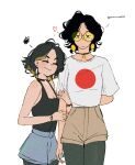  2girls :| arm_at_side arm_hug bare_arms black_choker black_eyes black_hair blue_shorts breasts brown_shorts choker cleavage closed_eyes closed_mouth commentary cowboy_shot english_commentary flag_print forehead glasses grey_hair grey_tank_top heart height_difference highres japanese_flag japanese_flag_print jitome looking_at_viewer multiple_girls original pantyhose print_shirt self-portrait shirt short_hair short_shorts short_sleeves shorts simple_background spindle_(aidenr0) squiggle standing t-shirt tank_top tinted_eyewear v-shaped_eyebrows white_background white_shirt yellow-tinted_eyewear 