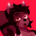 1:1 absurd_res anthro armpit_hair bear bedroom_eyes big_ears black_hair body_hair crystalhoney03 eyebrows glowing glowing_eyes hair harness hi_res male mammal markings moon_eye narrowed_eyes raised_arm red_background red_lighting seductive simple_background slightly_chubby slightly_chubby_male solo star_(marking) thick_eyebrows tongue tongue_out