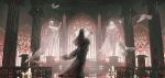  1girl absurdres arched_window bandaged_arm bandages bare_shoulders bird black_veil candle column dove dress highres holding holding_mirror indoors lace-trimmed_veil lace_trim mirror official_alternate_costume pillar reflective_floor reverse:1999 semmelweis_(reverse:1999) semmelweis_(the_wax_and_wane_of_the_heart)_(reverse:1999) stained_glass statue user_zxdr2758 veil white_hair window 