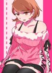 1girl bare_shoulders black_skirt black_thighhighs breasts brown_eyes brown_hair choker collarbone commentary_request cowboy_shot cross-laced_clothes cross-laced_sleeves cross-laced_sweater earrings flipped_hair fur-trimmed_sweater fur_trim heart heart_choker highres jewelry long_sleeves looking_at_viewer medium_breasts miniskirt off-shoulder_sweater off_shoulder official_alternate_costume open_mouth oyoyoi134 persona persona_3 persona_3_reload pink_sweater pleated_skirt ribbed_sweater short_hair sitting skirt solo strap stud_earrings sweater takeba_yukari thighhighs white_choker zettai_ryouiki 