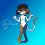 3_toes 5_fingers anthro beanie beanie_only blue_background breasts calico_cat clothing domestic_cat epic_games eyelashes feet felid feline felis female fingers fortnite genitals hat hat_only headgear headgear_only headwear headwear_only low_res mammal meow_skulls mostly mostly_nude nude simple_background small_breasts solo toes vulva yellow_eyes yua_viewer