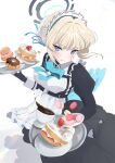  1girl apron aqua_bow aqua_bowtie black_dress blonde_hair blue_archive blue_eyes blue_halo blue_streaks bow bowtie braid bun_cover cake coffee dress expressionless food frilled_apron frills hair_bun hakuaiiii half_up_braid halo highres holding holding_tray juliet_sleeves long_sleeves looking_at_viewer macaron maid maid_apron maid_headdress multicolored_hair puffy_long_sleeves puffy_sleeves solo streaked_hair toki_(blue_archive) tray white_apron 