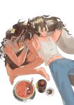  2boys abs absurdres arknights arms_behind_head barefoot black_shorts blue_pants chinese_commentary chongyue_(arknights) closed_eyes closed_mouth commentary_request cup dragon_boy dragon_horns dragon_tail food fruit head_on_hand highres horns indian_style kettle lying_on_tail male_focus multicolored_hair multiple_boys muscular muscular_male navel open_mouth pants pectorals saucer shirt shorts sitting sleeveless sleeveless_shirt spoon tail tank_top wang_(arknights) watermelon white_background white_shirt white_tank_top yegaa7 