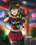  1girl admiral_paru artist_name bare_shoulders belt black_belt black_choker black_shirt black_thighhighs blush_stickers chain choker collarbone corruption cosplay crop_top cuffs earth_(planet) frog_hair_ornament gold_chain gold_snake green_eyes green_hair hair_ornament hair_tubes hand_on_own_hip hand_up hat hecatia_lapislazuli hecatia_lapislazuli_(cosplay) highres kochiya_sanae long_hair mind_control miniskirt moon multicolored_eyes navel onbashira open_mouth planet print_shirt pyonta red_skirt rope shimenawa shirt single_hair_tube single_sidelock skirt snake_hair_ornament solo straw_hat thighhighs torii touhou trash_can two-tone_eyes underworld_(ornament) yellow_eyes 
