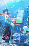  1girl absurdres apron aqua_tail blue_apron blue_hair commentary_request coral fins fish head_fins highres holding holding_paintbrush jellyfish jenmin12 long_hair merfolk mermaid monster_girl original paintbrush painting_(action) painting_(object) scales school_of_fish shark sitting solo turtle underwater 