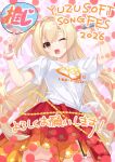  1girl 2026 :d ;d alternate_costume amairo_islenauts blonde_hair blush bracelet braid breasts clothes_writing commentary_request company_name cowboy_shot crown_braid dated floating_hair glowstick hair_between_eyes hair_intakes hand_fan hands_up happy heart holding holding_fan holding_glowstick jewelry kobuichi large_breasts long_hair looking_at_viewer official_artist_extra one_eye_closed one_side_up open_mouth orange_eyes orange_shirt pink_background pleated_skirt red_skirt shirley_warwick shirt short_sleeves simple_background skirt smile solo t-shirt tied_shirt two-tone_skirt very_long_hair white_shirt wide_sleeves 