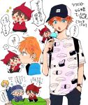  !? 4boys akehoshi_subaru backpack bag baseball_cap biting biting_cheek black_pants blonde_hair blue_eyes blue_hat brown_hair chibi commentary ensemble_stars! facial_mark food grey_hair hand_in_pocket hat highres holding holding_food holding_popsicle mitobinyo morisawa_chiaki multiple_boys multiple_views open_mouth orange_hair pants popsicle print_shirt red_hat red_shirt sena_izumi_(ensemble_stars!) shirt short_sleeves simple_background speech_bubble star_(symbol) star_facial_mark thought_bubble translation_request watch white_background white_shirt wristwatch yuuki_makoto_(ensemble_stars!) 