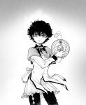 1girl agott_arklaum_(tongari_boushi_no_atelier) akemi_homura akemi_homura_(cosplay) akemi_homura_(magical_girl) argyle_clothes argyle_pantyhose arm_shield arm_up back_bow bluecloud bow bowtie commentary cosplay cowboy_shot crying crying_with_eyes_open curly_hair gradient_background grey_background greyscale hand_up highres long_sleeves magical_girl mahou_shoujo_madoka_magica monochrome neck_ribbon parted_lips ribbon short_hair simple_background skirt solo standing tears tongari_boushi_no_atelier untranslatable_commentary wing_collar 