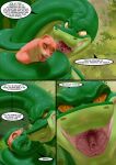  anthro asphyxiation choking coiling comic dialogue digital_media_(artwork) duo english_text female female_prey feral fur glossy_body green_body hair herpestid hi_res inkanyamba_(artist) jajuka larger_pred male male/female male_pred mammal mongoose open_mouth orange_body orange_fur python remake reptile roma_(tacokurt) scalie simple_background size_difference snake squeezing tail tail_in_mouth text yellow_eyes 