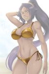  1girl absurdres arm_up bikini bleach breasts dark-skinned_female dark_skin english_commentary gold_bikini golden_week highres ivizard large_breasts long_hair meme navel one_eye_closed ponytail purple_hair shihouin_yoruichi shiny_skin shiny_swimsuit side-tie_bikini_bottom smile solo stomach string_bikini swimsuit tap_me_(meme) thighs yellow_eyes 