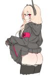  1girl armband ass bangs black_jacket black_legwear closed_mouth cropped_legs girls_frontline headgear highres jacket lifted_by_self light_brown_hair long_hair long_sleeves looking_at_viewer m4_sopmod_ii_(girls_frontline) multicolored_hair ndgd red_eyes red_hair simple_background skirt skirt_lift solo streaked_hair white_background 