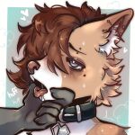anthro blush breathing_noises brown_hair canid canine collar cross cross_piercing duo ear_piercing eyebrow_piercing eyeliner facial_piercing fur grey_eyes h0t-garbage hair hand_on_mouth head_tuft hi_res makeup male male/male mammal multicolored_body multicolored_fur piercing shaded signature steam tan_body tan_fur tuft white_body white_fur