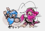  >_< 2girls apron bird_legs bird_tail blue_feathers blue_hair blue_maid_harpy_(i7go34) blue_tail blue_tongue blue_wings catching colored_tongue commentary_request cup dress feathered_wings feathers frills harpy holding holding_tray i7go34 maid maid_apron maid_headdress monster_girl multiple_girls open_mouth original pink_hair pink_maid_harpy_(i7go34) pink_tail pink_wings short_hair simple_background tail talons teacup teapot tray tripping white_background winged_arms wings 