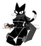 anthro bandage bandage_on_tail beverage big_breasts black_body black_fur black_tail breasts breasts_strap cheek_tuft clothing codename._paragon_(sabgong) domestic_cat facial_tuft featureless_crotch felid feline felis female fur gloves grey_clothing grey_gloves grey_handwear grey_scarf handwear holding_beverage holding_glass holding_object leg_pouch looking_at_viewer mammal mouthless sabgong scarf solo standing straps tail thigh_strap tuft