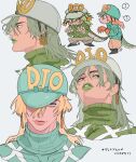  1boy ? absurdres aqua_bow aqua_helmet aqua_sweater aqua_tail argyle_clothes argyle_sweater black_boots blonde_hair boots bow brown_pants chibi claws closed_mouth commentary commentary_request diego_brando dinosaur_tail dual_persona earrings gloves green_bow green_eyes green_hair green_lips green_sweater green_tail grey_gloves grey_hair grey_helmet grey_pants hat hat_bow helmet highres jewelry jodhpurs jojo_no_kimyou_na_bouken long_hair long_sleeves looking_at_viewer makeup male_focus medium_hair multiple_views ofsan_7 orange_gloves orange_hair pants scary_monsters_(stand) simple_background slit_pupils smile spoken_question_mark stand_(jojo) steel_ball_run sweater tail teeth translation_request turtleneck turtleneck_sweater yellow_eyes 