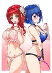  absurdres blue_bra blue_eyes blue_hair blue_panties blush bow bow_panties bra breasts condom condom_wrapper dolphin_wave green_eyes hair_between_eyes hair_intakes highres large_breasts lingerie medium_hair mononoke_(pixiv53597254) multiple_girls navel panties pink_bra pink_panties red_hair sakimiya_iruka scrunchie short_hair side-tie_panties smile tojou_michiru underwear underwear_only 