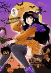  1girl absurdres aoba_shunsuke asaoka_natsumi bare_tree bat_(animal) black_hair black_thighhighs boots broom broom_riding brown_eyes bug building capelet character-themed_food choker commentary_request cross dated dress feet_out_of_frame floral_print frilled_dress frilled_sleeves frills full_moon hairband halloween hand_up happy_halloween hat highres jack-o'-lantern jian_yin lantern long_hair looking_at_viewer mini_hat mini_witch_hat moon nail_polish open_mouth orange_dress orange_hairband print_sash pumpkin pumpkin_hat_ornament purple_boots purple_capelet purple_choker purple_hat purple_nails purple_sash purple_sky sash short_dress signature silk sky smile solo speech_bubble spider spider_web the_kabocha_wine thighhighs tree witch witch_hat zettai_ryouiki 