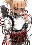  1girl blonde_hair blood blood_bag blood_on_clothes boku_no_hero_academia double_bun hair_bun highres intravenous_drip messy_hair solo toga_himiko toga_himiko_(bloody_dress) unusualpie white_wrist_cuffs wrist_cuffs 