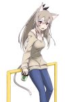  1girl :d against_railing animal_ears arm_support asagi501 bare_shoulders black_bra black_ribbon blue_pants bra breasts brown_hair brown_sweater cat_ears cat_girl cat_tail cleavage collarbone commentary_request cowboy_shot cup denim disposable_cup double-parted_bangs eydis_(sao) hair_between_eyes hair_ribbon highres holding holding_cup kemonomimi_mode long_hair looking_at_viewer medium_breasts messy_hair off-shoulder_sweater off_shoulder open_mouth pants ponytail railing red_eyes revision ribbon simple_background sleeves_past_wrists smile solo sweater sword_art_online sword_art_online:_alicization sword_art_online:_unleashed_blading tail underwear variant_set white_background 