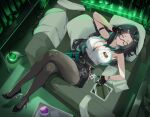  1girl adjusting_eyewear aqua_eyes aqua_hair arm_strap armpits ashinobu_panda belt black_belt black_corset black_hair black_pantyhose black_skirt breast_pocket breasts buttons cleavage collared_shirt colored_inner_hair commentary corset couch crossed_legs curtained_hair desiree-134 english_commentary glasses gloves glowing green_necktie half_gloves hand_on_eyewear head_on_pillow high_heels highres id_card indoors jewelry large_breasts long_hair looking_at_viewer lying mole mole_under_mouth multicolored_hair multicolored_skirt multiple_rings necktie number_print on_back on_couch pantyhose pillow pocket ribbon_bar ring second-party_source semi-rimless_eyewear shirt silver_ring skirt smile solo streaked_hair tablet_pc test_tube two-tone_hair two-tone_skirt under-rim_eyewear vfleet virtual_youtuber watch wristwatch 