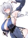  1girl absurdres armpits artist_name black_gloves blue_sleeves blunt_bangs bow breasts closed_mouth commentary detached_sleeves fingerless_gloves gloves grey_hair hair_bow highres large_breasts long_hair mintz912 one_eye_closed partially_fingerless_gloves purple_eyes simple_background solo sweat thighs velina_airgid white_background white_bow zenless_zone_zero 