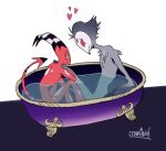  absurd_res anthro avian bathing bird blitzo_(vivzmind) crowthief demon duo feathers flat_colors fur helluva_boss hi_res looking_at_viewer male male/male owl sitting smile stolas_(vivzmind) 