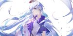  1girl absurdly_long_hair absurdres aqua_eyes bare_shoulders blue_hair closed_mouth commentary_request detached_collar detached_sleeves dodder7777 dress earrings falling_feathers feathers floating_hair gloves hair_between_eyes halo head_wings highres holding honkai:_star_rail honkai_(series) jewel_under_eye jewelry long_hair looking_at_viewer pearl_earrings purple_dress purple_sleeves robin_(honkai:_star_rail) simple_background single_earring smile solo upper_body very_long_hair white_background white_dress white_gloves white_wings wings 