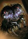  1other animal_skull ankle_cuffs barding bridle chain chariot dark_souls_(series) dark_souls_ii energy english_commentary executioner's_chariot eye_trail highres hooves horse horse_racing_track light_trail monster monster_focus no_humans red_eyes solo torn_clothes tumitumico undead 