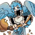  1girl apron bird_legs bird_tail blue_eyes blue_feathers blue_hair blue_maid_harpy_(i7go34) blue_tail blue_tongue blue_wings broom colored_tongue commentary_request dress feathered_wings feathers flying frills harpy holding holding_broom i7go34 maid maid_apron maid_headdress monster_girl original short_hair simple_background solo tail talons white_background winged_arms wings 