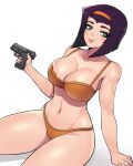  1girl bra breasts cameltoe cleavage closed_mouth commentary cowboy_bebop donburikazoku faye_valentine green_eyes gun hairband highres large_breasts looking_at_viewer navel panties purple_hair short_hair simple_background smile solo underwear weapon white_background 