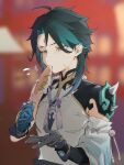  1boy ahoge arm_guards bangs bead_necklace beads black_gloves black_hair blurry blurry_background closed_mouth detached_sleeves diamond-shaped_pupils diamond_(shape) eating facial_mark fish food forehead_mark genshin_impact gloves green_gloves green_hair highres holding holding_food jewelry long_hair male_focus multicolored_hair necklace parted_bangs shoulder_pads shoulder_spikes sleeveless slit_pupils solo spikes sweat sweatdrop symbol-shaped_pupils tassel uno_ryoku vision_(genshin_impact) xiao_(genshin_impact) yellow_eyes 