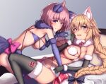  2girls animal_ear_fluff animal_ears armpits bare_shoulders bed black_gloves black_legwear blonde_hair bow braid breasts dangerous_beast elbow_gloves fang fate/grand_order fate_(series) fur_collar fur_trim girl_on_top gloves halloween_costume highres jeanne_d&#039;arc_(fate) jeanne_d&#039;arc_(fate)_(all) large_breasts long_hair looking_at_viewer looking_to_the_side mash_kyrielight multiple_girls navel on_bed open_mouth pink_bow purple_eyes purple_gloves revealing_clothes ryuinu single_braid smile stomach thighhighs thighs very_long_hair wolf_ears 