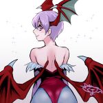  1girl bare_shoulders blue_pantyhose cowboy_shot darkstalkers demon_girl demon_wings from_behind head_wings leotard lilith_(darkstalkers) multiple_wings pantyhose purple_eyes purple_hair red_leotard short_hair simple_background skm_nnm solo sparkle white_background wings 