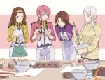  4girls baking baking_sheet blue_eyes bow breasts brown_hair celestial_being_uniform feldt_grace forehead gundam gundam_00 hairband highres holding holding_bow jacket leaning_forward light_blush marie_parfacy medium_breasts mileina_vashti multiple_girls nanao_parakeet open_mouth pastry_bag pink_hair purple_eyes short_hair sumeragi_lee_noriega sweater v-shaped_eyebrows white_hair white_hairband yellow_eyes yellow_sweater 